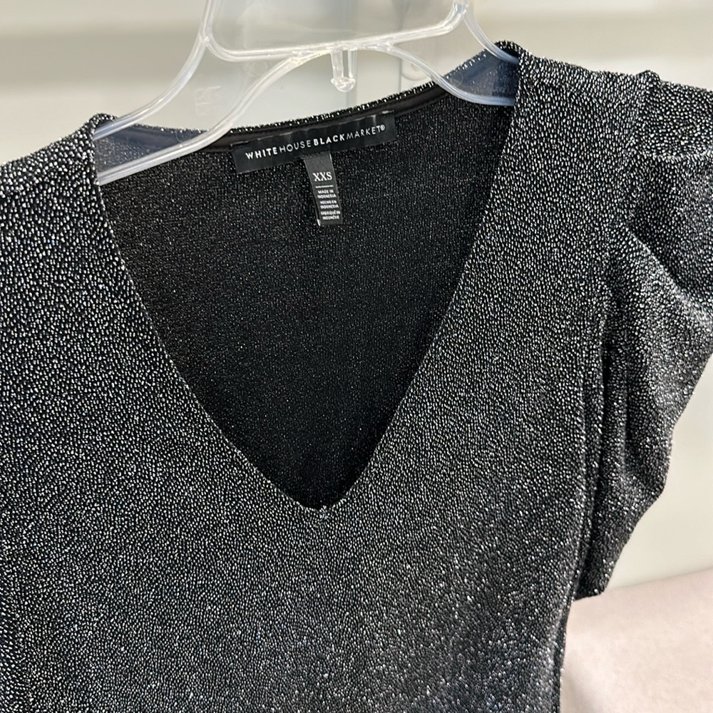 Sparkly, puffy shoulders, V-neck